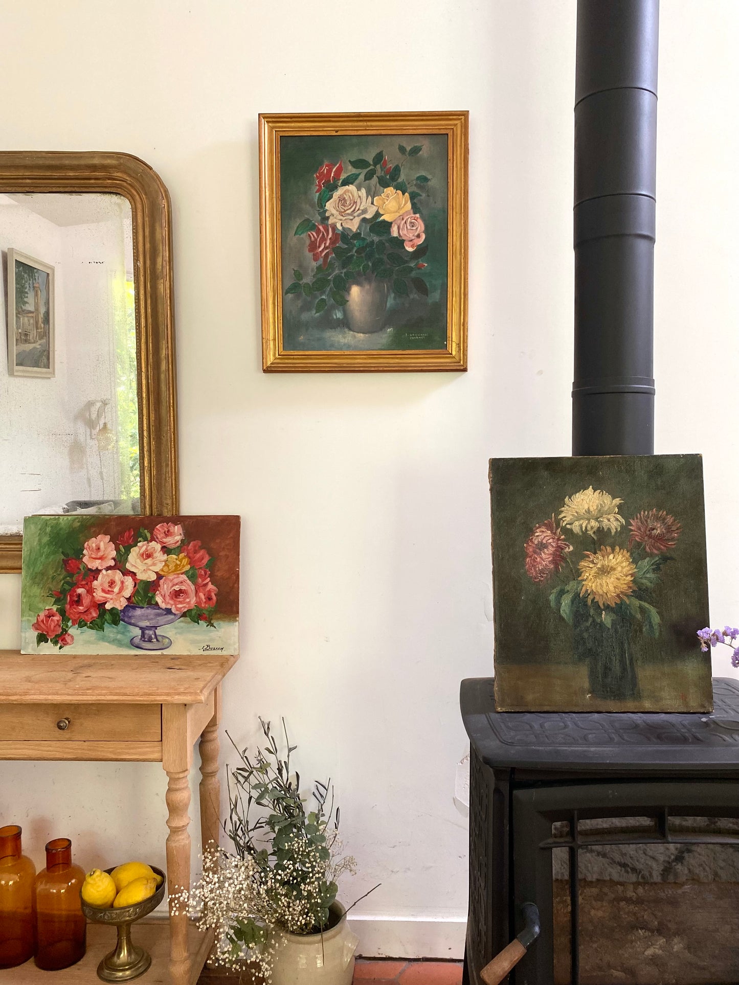 Tableau Ancien "Nature Morte aux Roses" – 1950