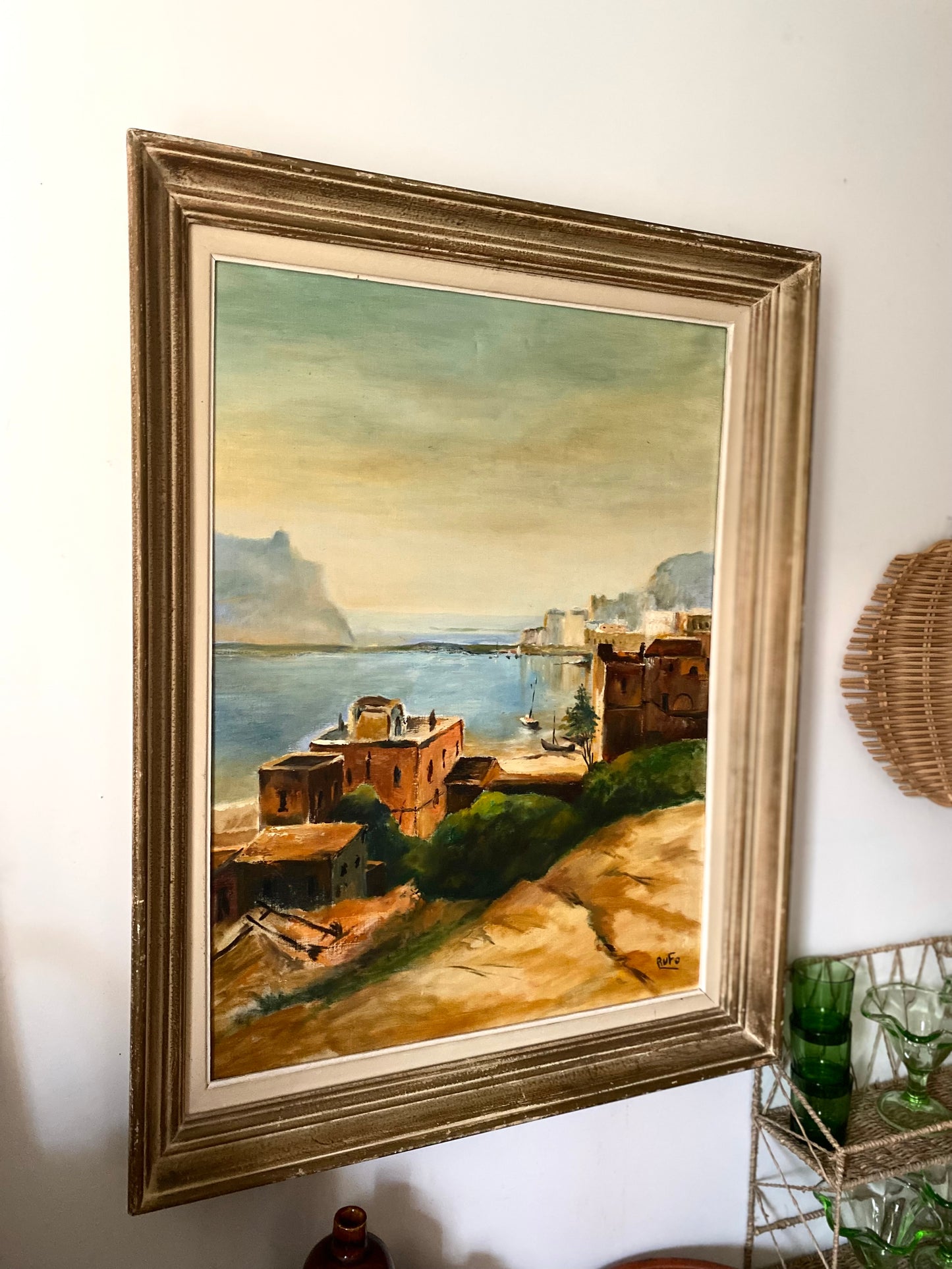 Huile sur toile ancienne, scène de port méditerranéen signée Rufo