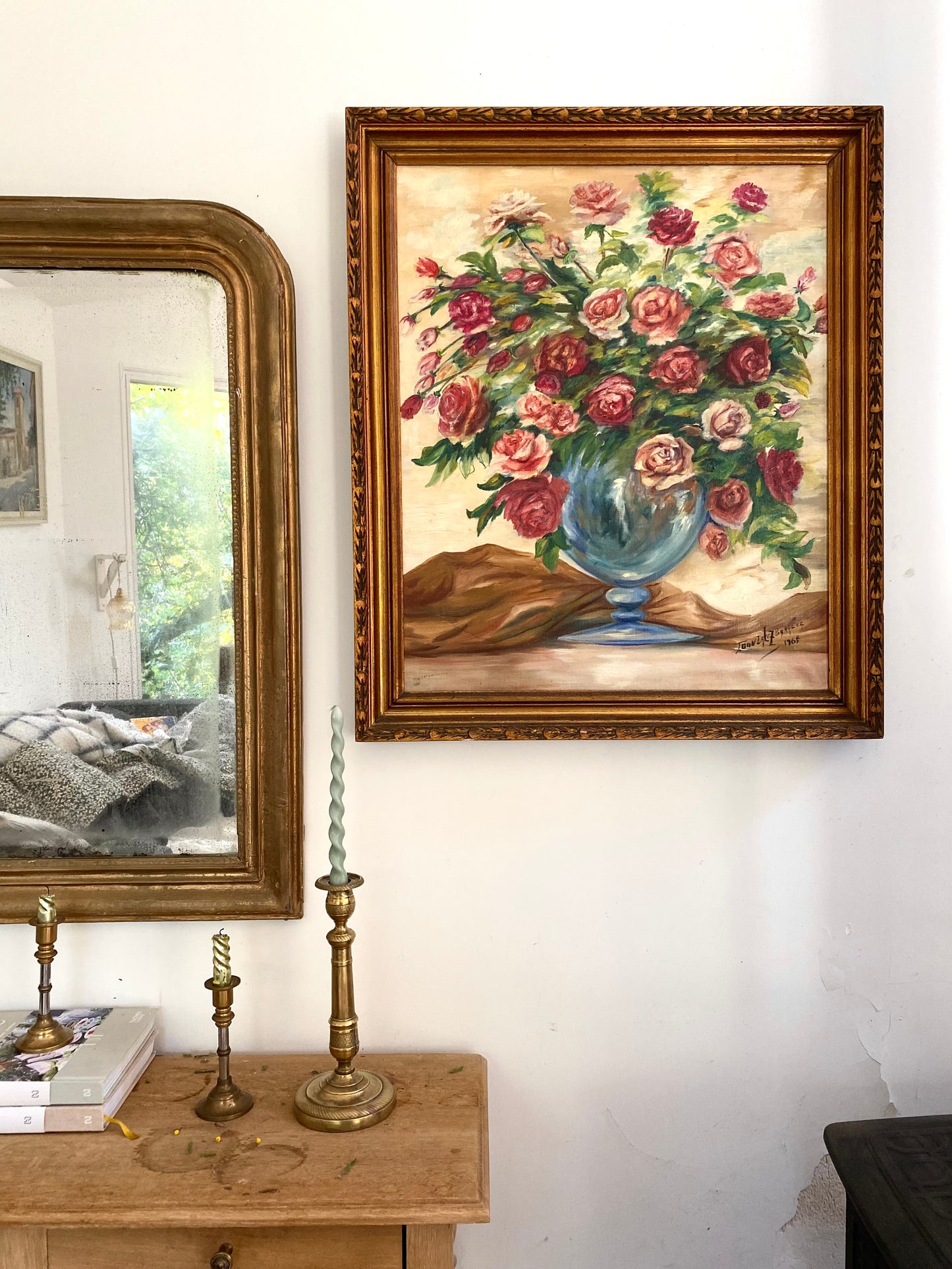 Grande Huile sur Toile "Bouquet de Roses" - Datée 1968 - Cadre Doré