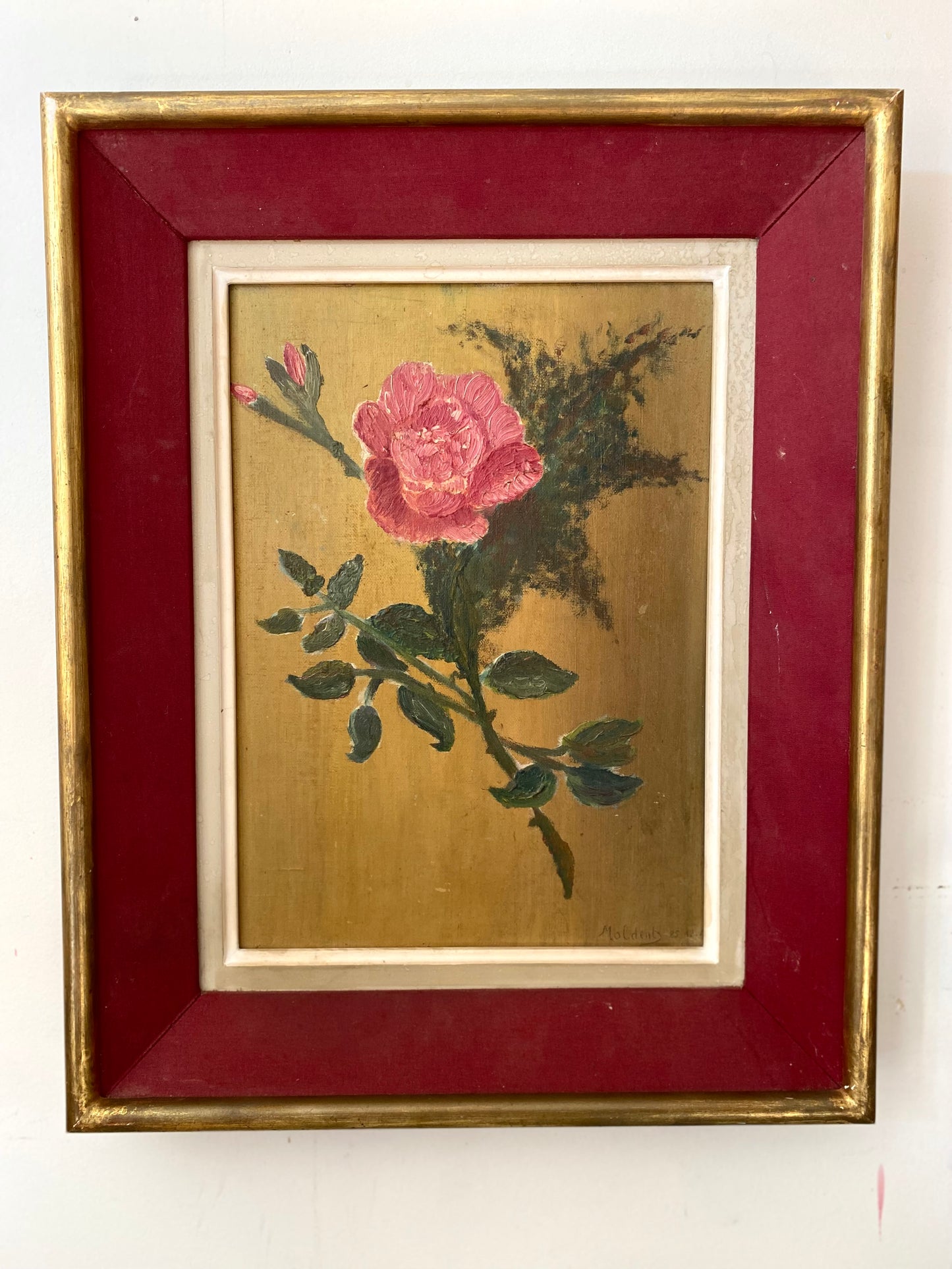 Huile sur panneau ancienne, rose sur fond doré