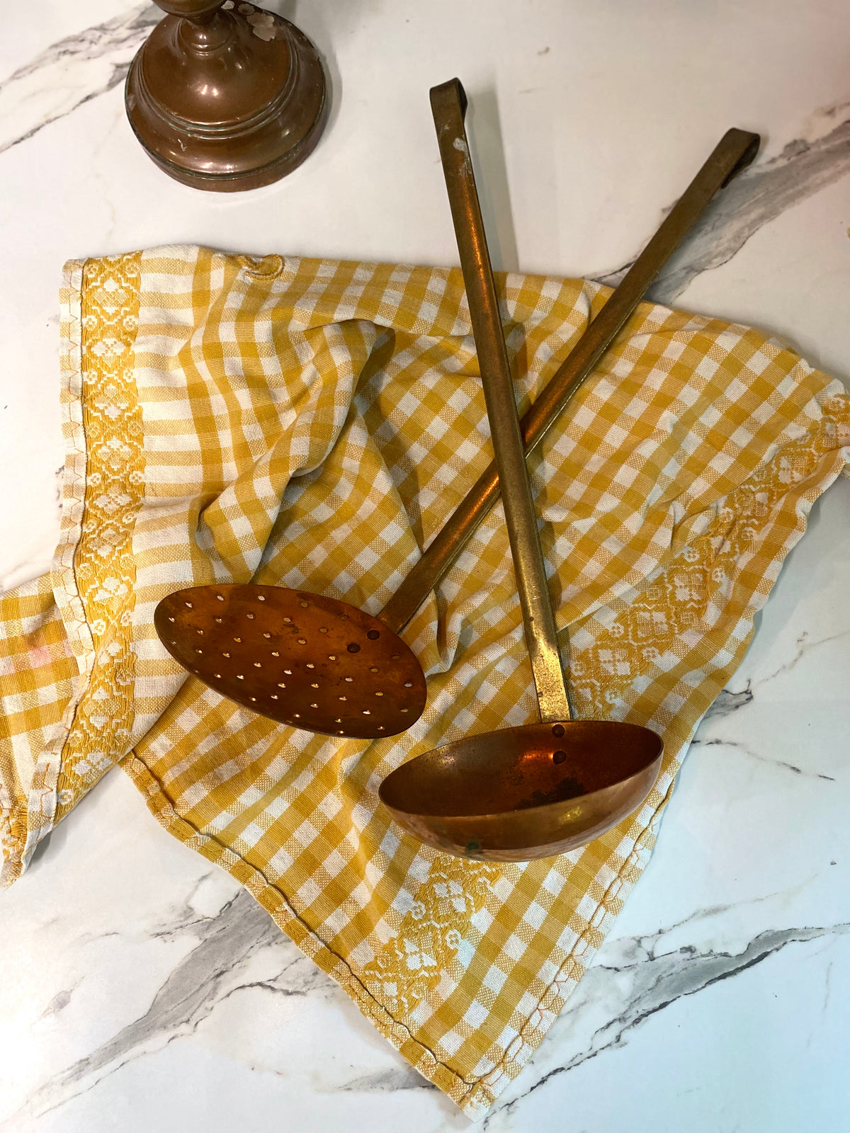 Louche et écumoire en cuivre et laiton, manche long