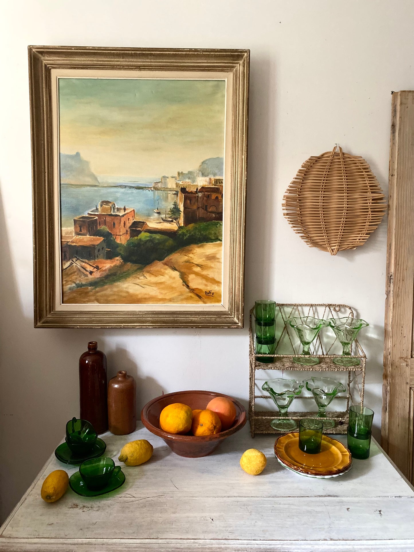 Huile sur toile ancienne, scène de port méditerranéen signée Rufo