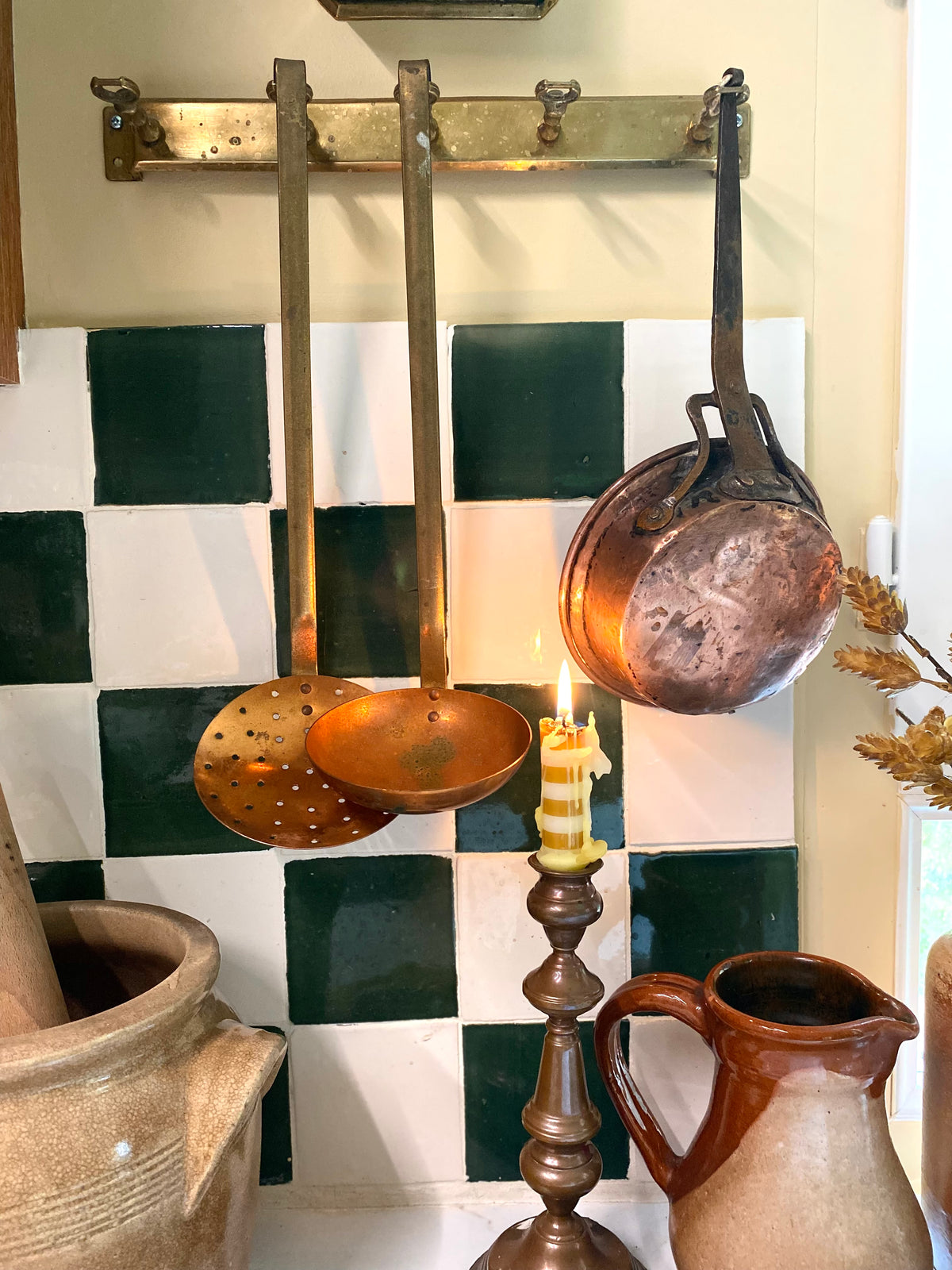 Louche et écumoire en cuivre et laiton, manche long