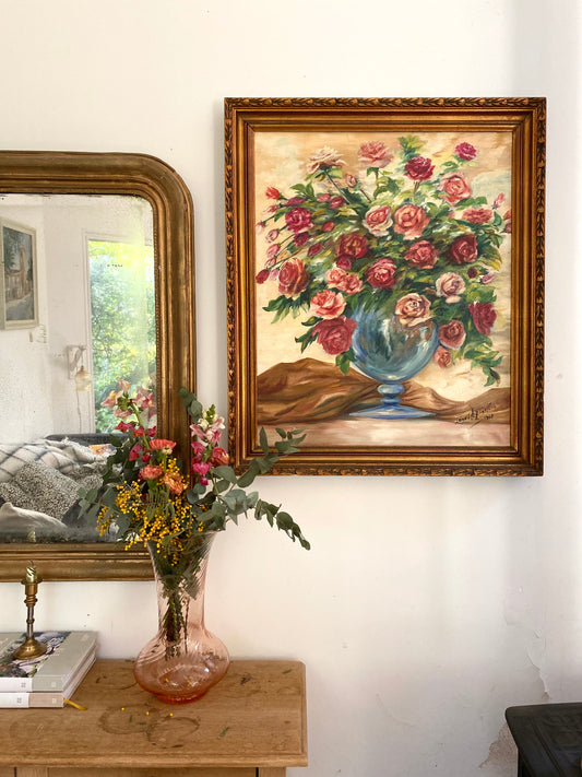 Grande Huile sur Toile "Bouquet de Roses" - Datée 1968 - Cadre Doré
