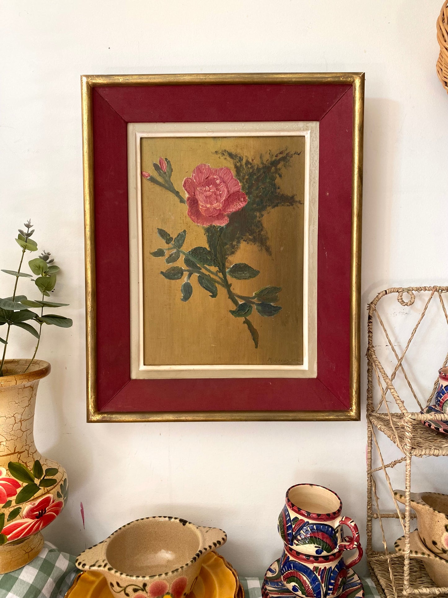 Huile sur panneau ancienne, rose sur fond doré