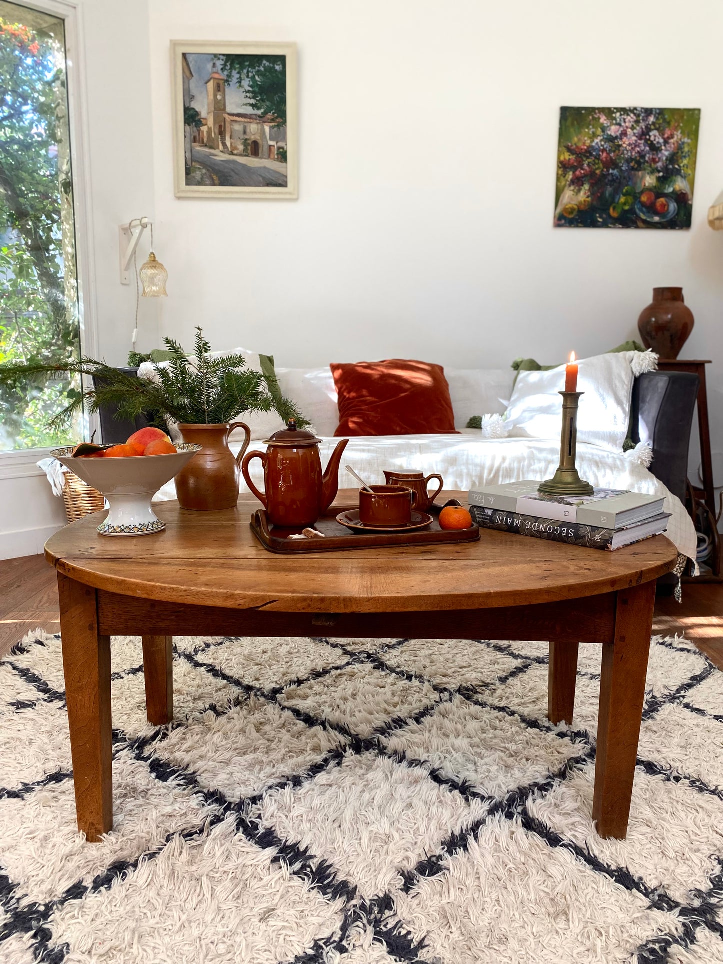 Table basse ancienne en noyer de 1900