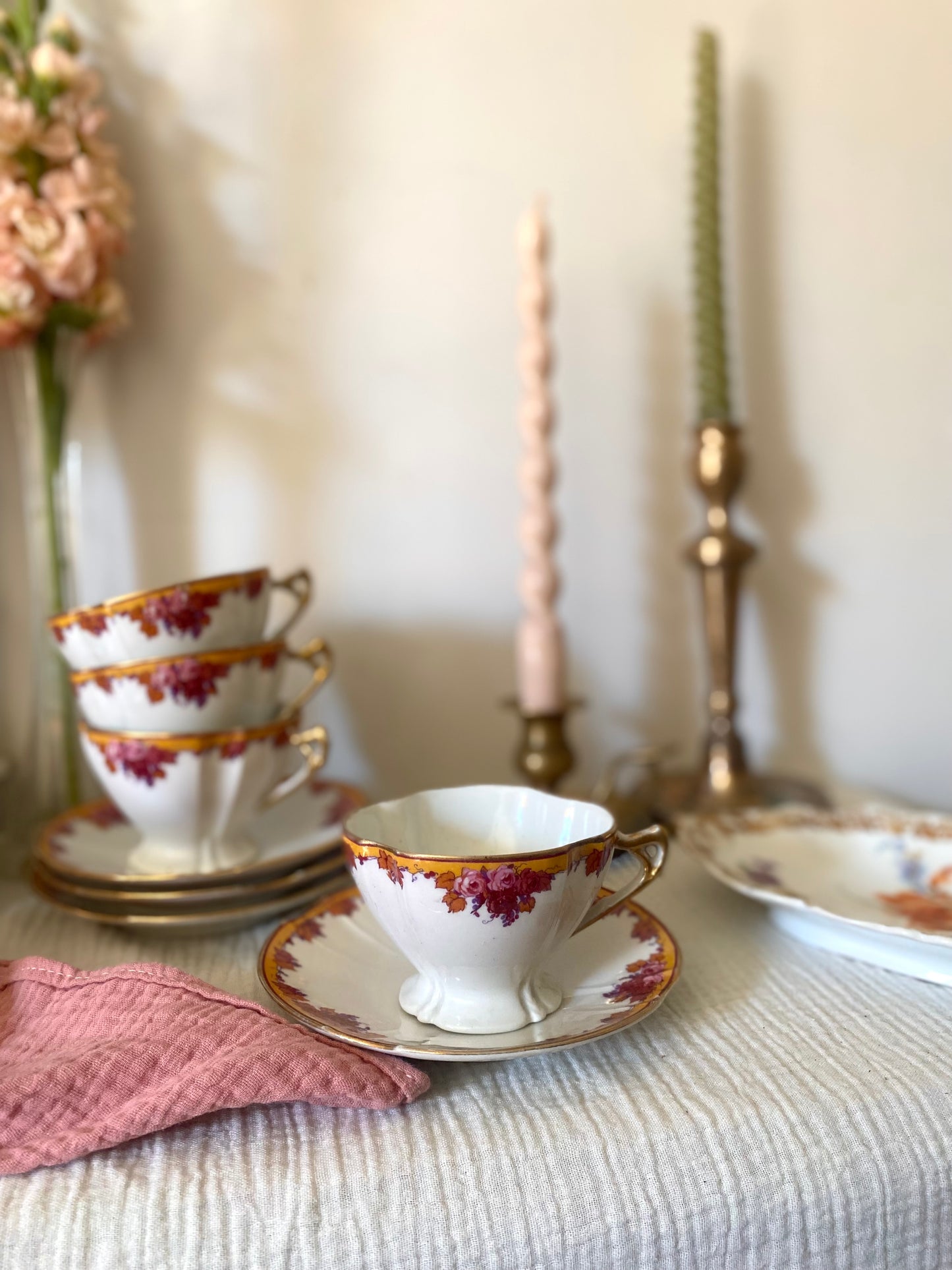 Élégant Service de 6 Tasses à Thé Limoges, Belle Époque