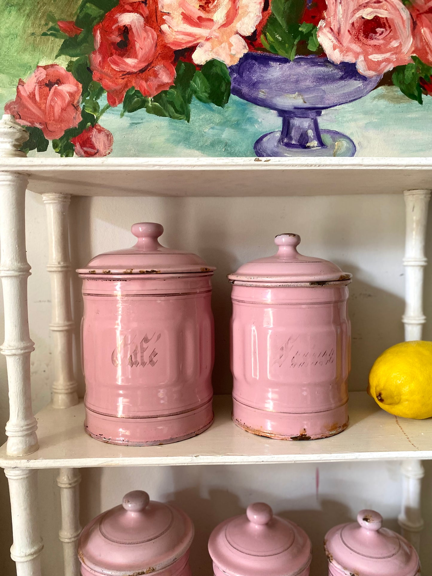 Rare Série de 5 Pots de Cuisine Anciens – Rose Poudré