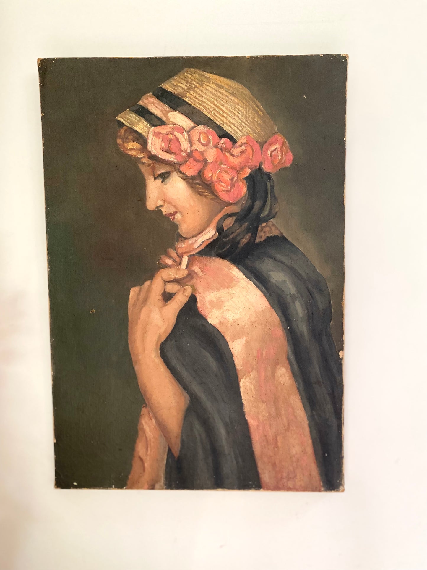 Portrait de jeune femme à la rose – Huile sur toile XIXe/XXe
