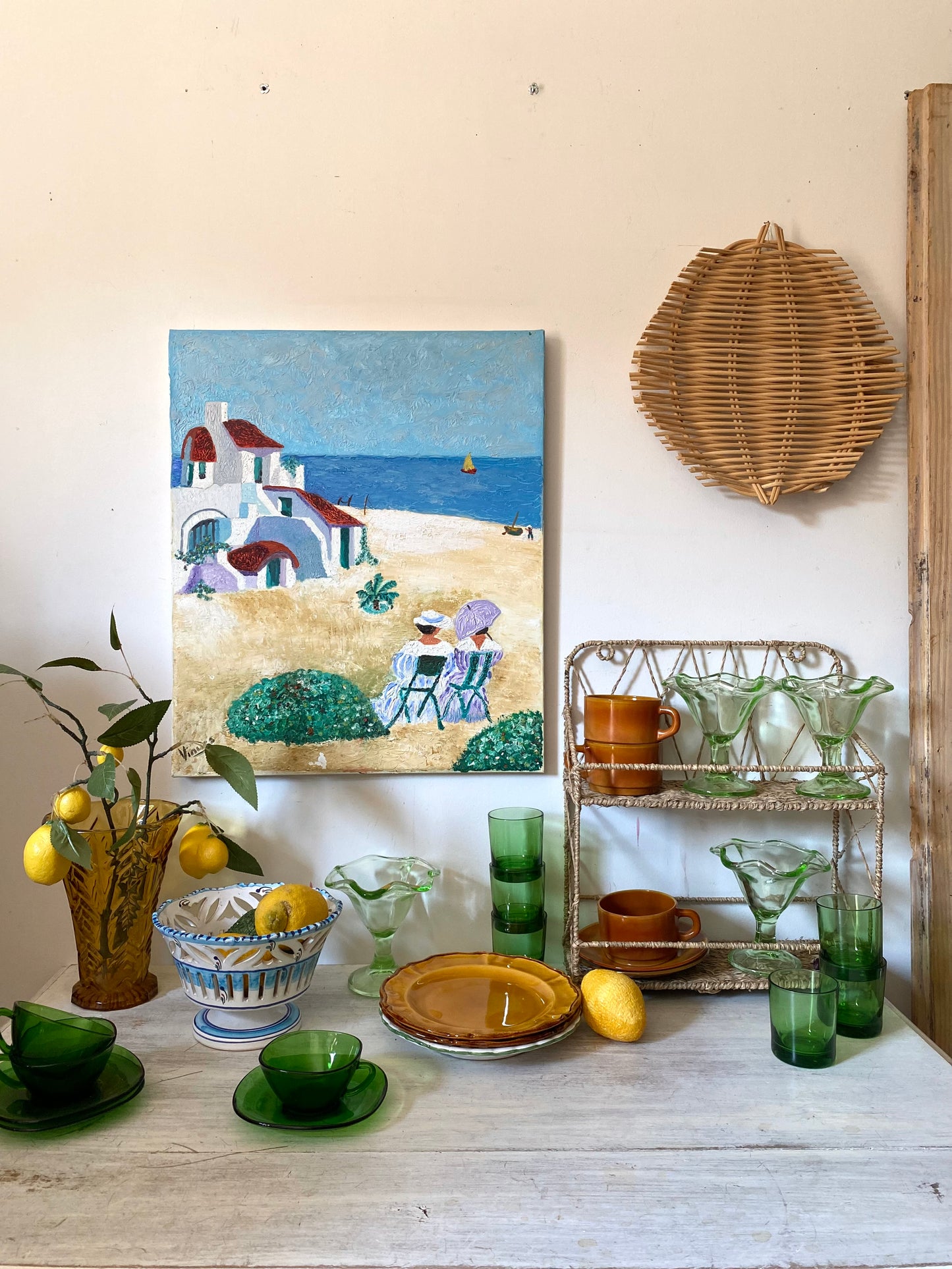 Tableau huile au couteau — Scène de bord de mer méditerranéen