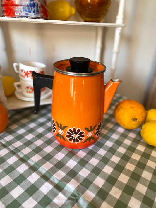 Cafetière émaillée vintage à motif fleuri, orange – années 1970