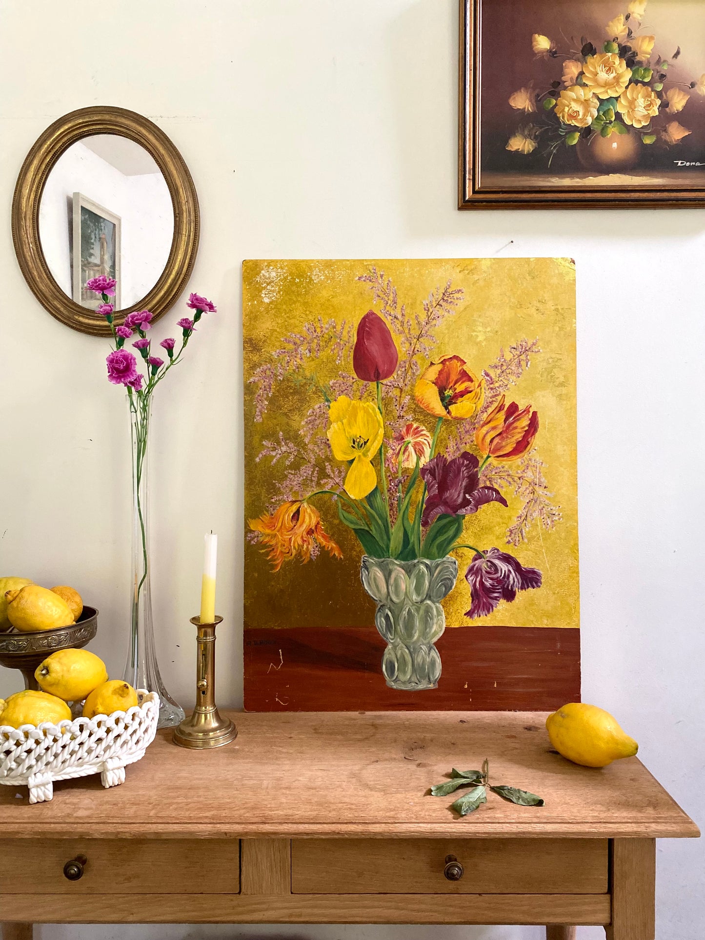 Bouquet de tulipes au fond doré — Huile sur panneau, 1977