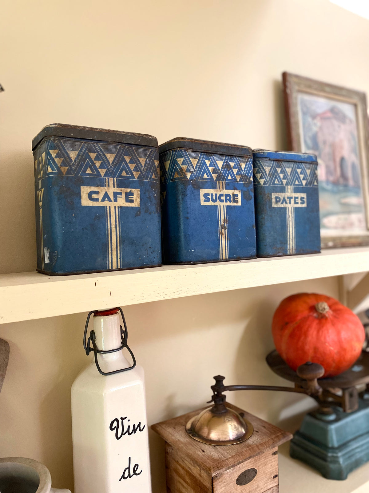 Boîtes Art déco "Café, Sucre, Pâtes" en tôle lithographiée bleue