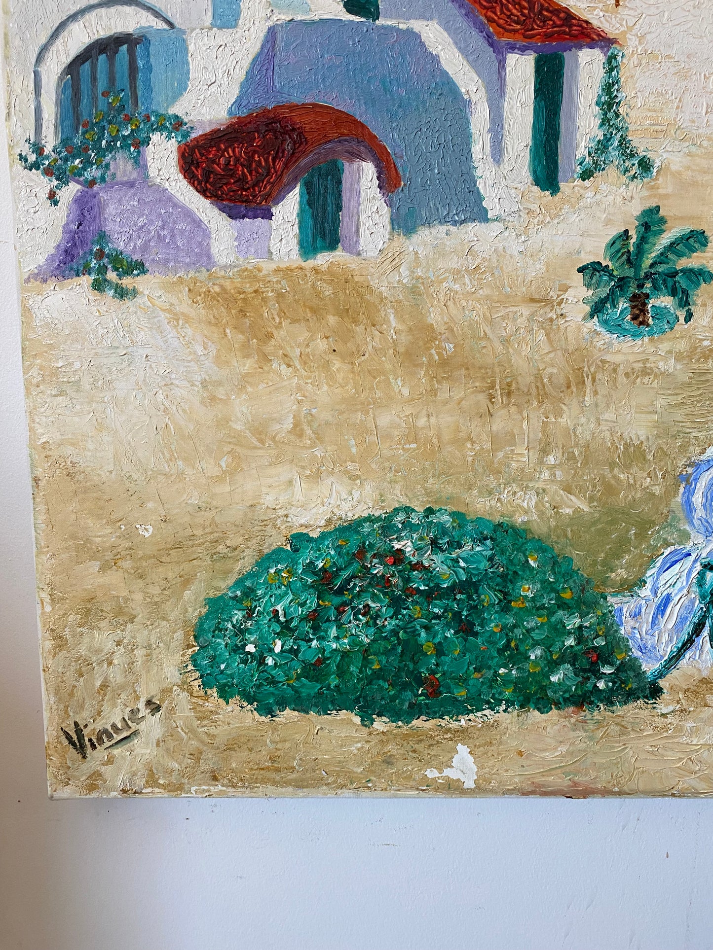 Tableau huile au couteau — Scène de bord de mer méditerranéen