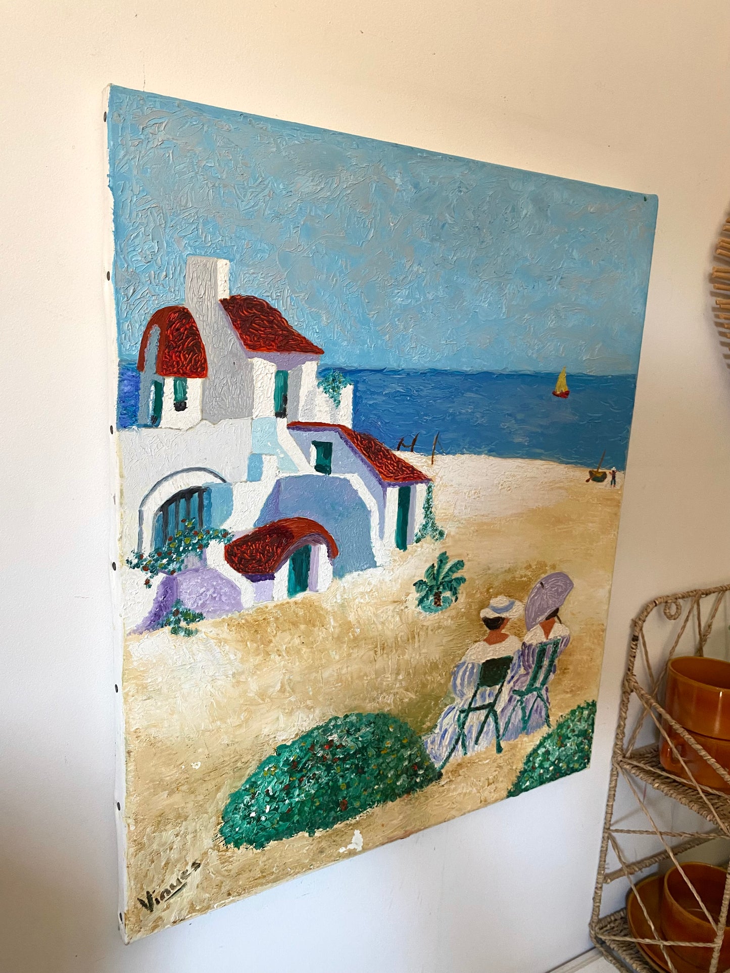 Tableau huile au couteau — Scène de bord de mer méditerranéen
