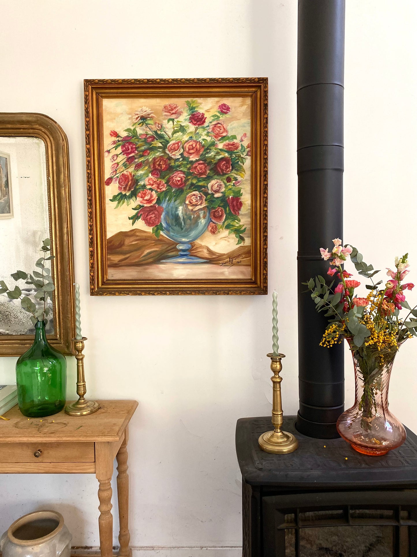Grande Huile sur Toile "Bouquet de Roses" - Datée 1968 - Cadre Doré