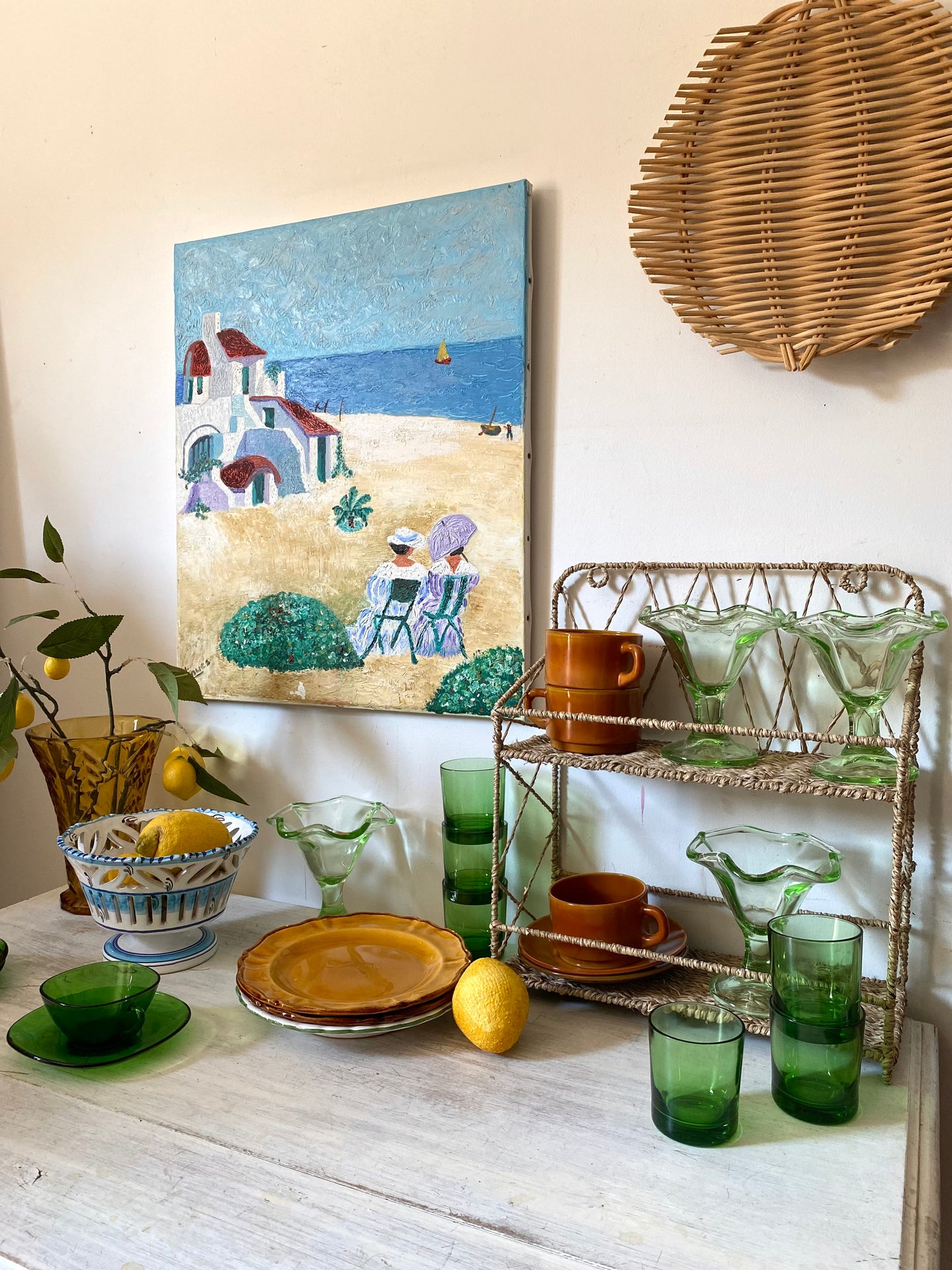Tableau huile au couteau — Scène de bord de mer méditerranéen