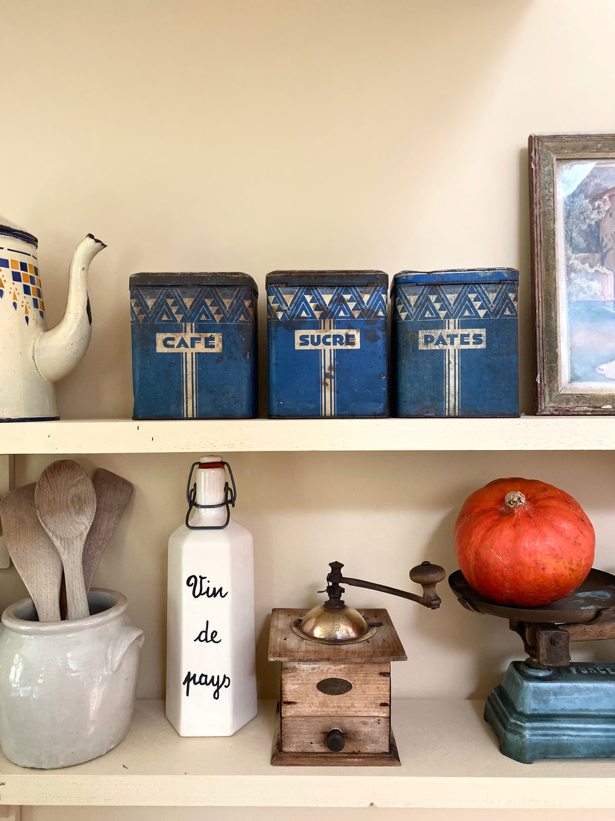Boîtes Art déco "Café, Sucre, Pâtes" en tôle lithographiée bleue