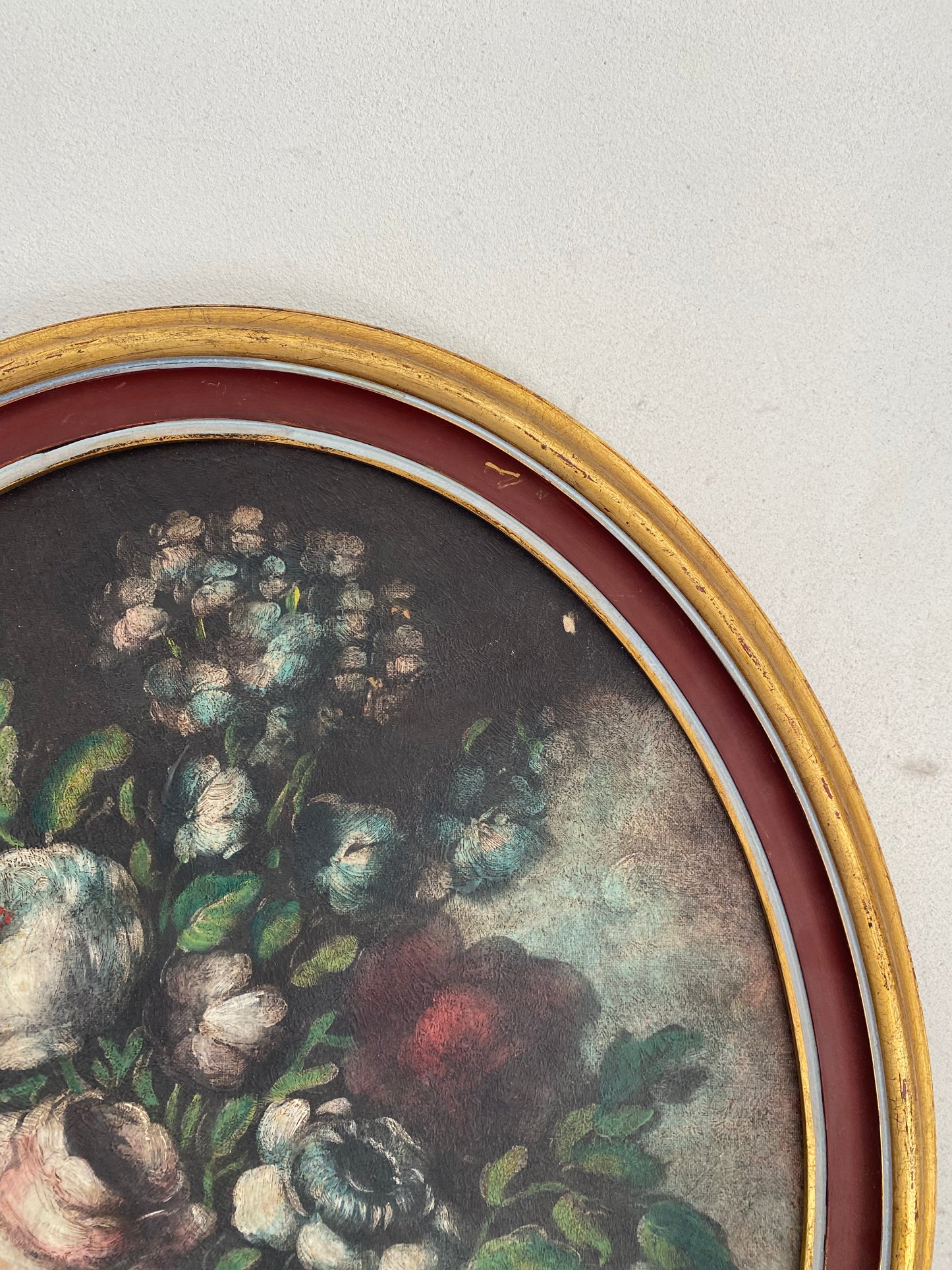 Tableau Ovale Nature Morte – Bouquet Floral – Style Flamand - XIXe