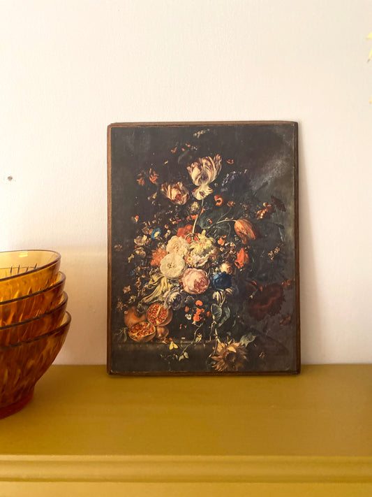 Tableau nature morte aux fleurs sur bois – années 70