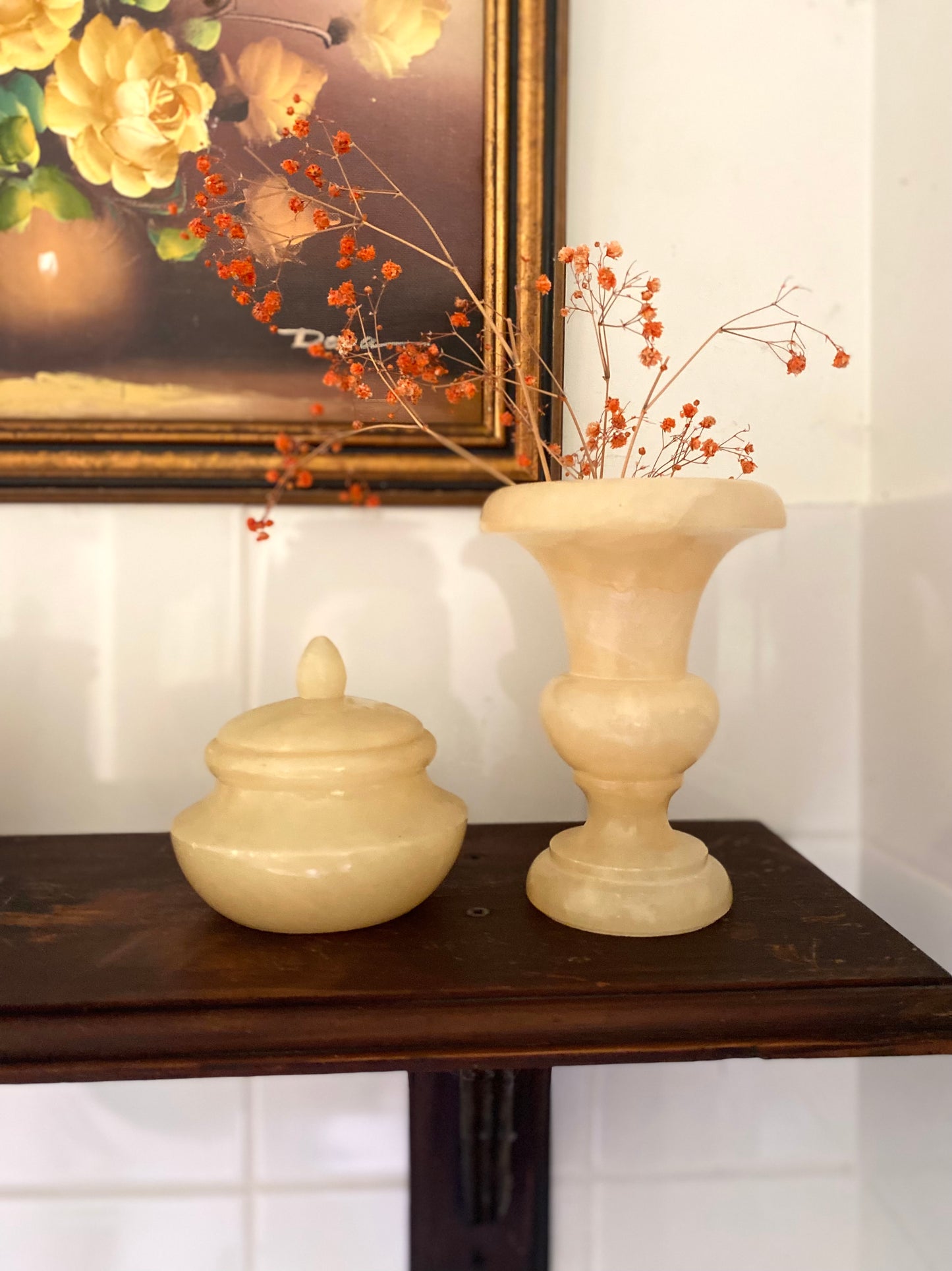 Ensemble de toilette Vintage en Albâtre véritable – 4 pièces – Années 70