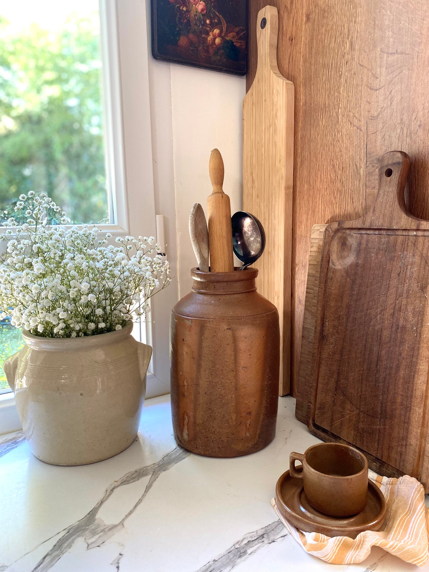 Pot à graisse ancien en grès crème vernissé