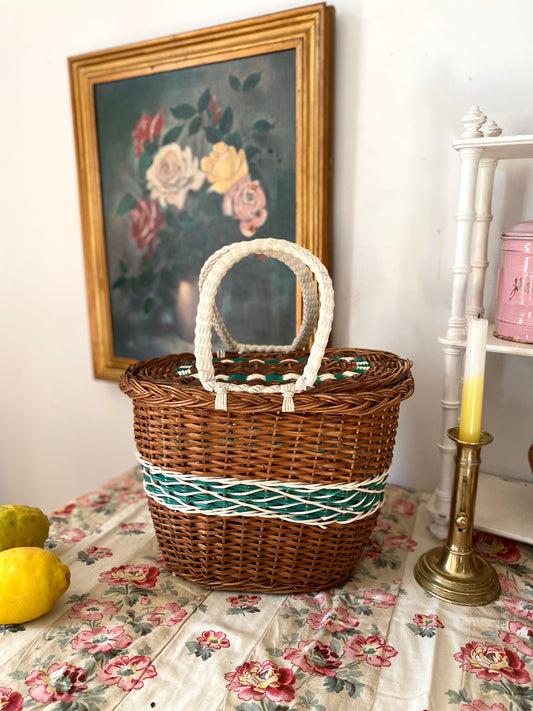 Panier Cabas Vintage en Osier et Scoubidou Vert & Blanc – Années 60