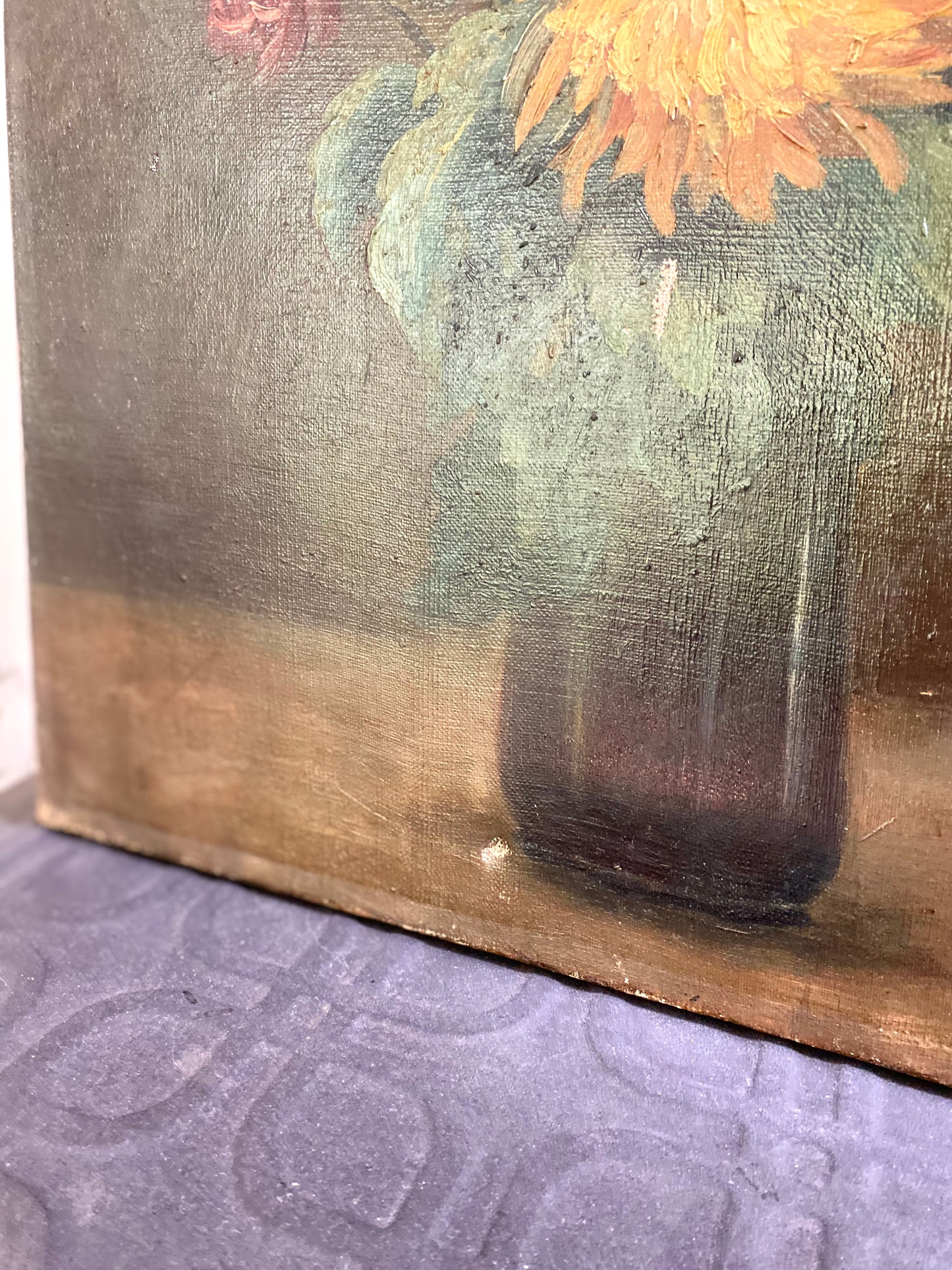 Brontie - Peinture Ancienne Huile sur Toile Fin XIXe – Nature Morte aux Chrysanthèmes