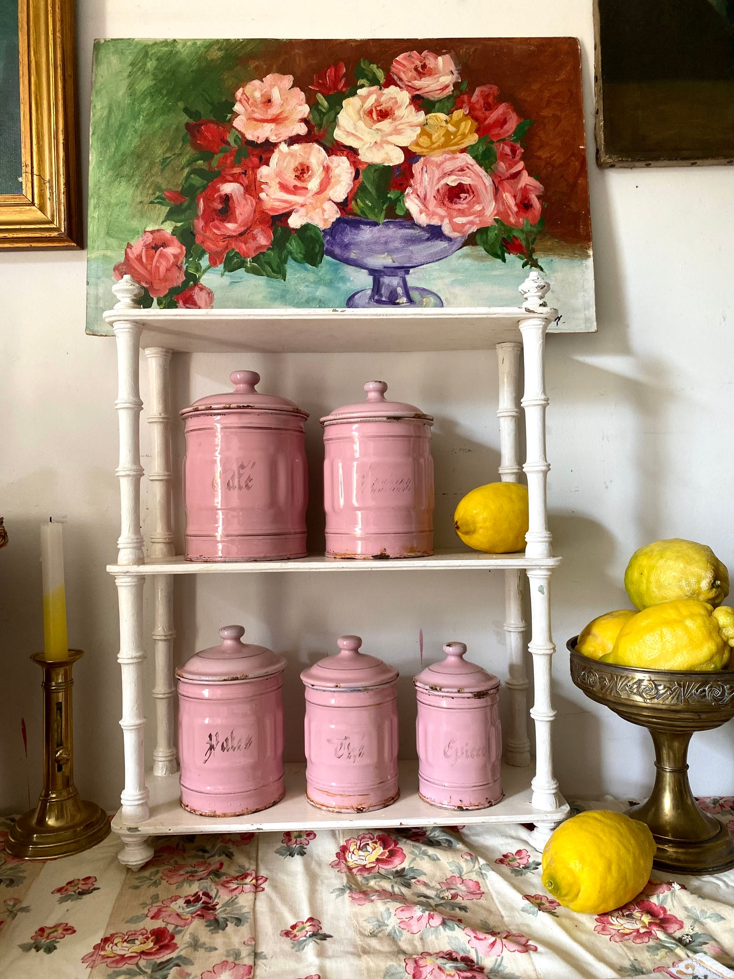 Rare Série de 5 Pots de Cuisine Anciens – Rose Poudré