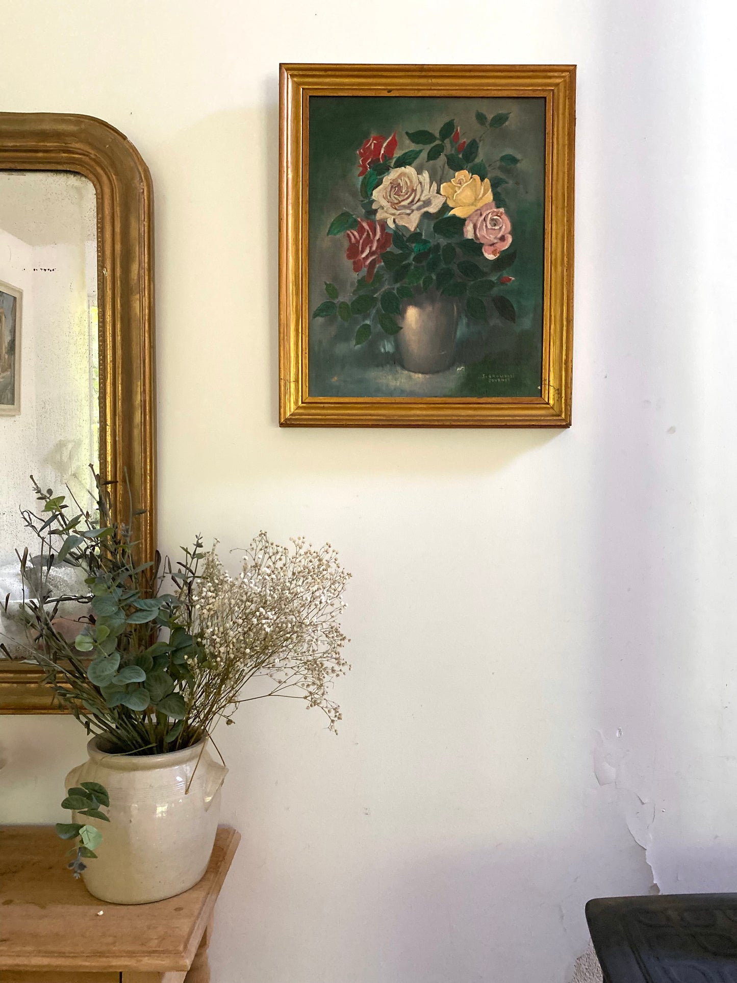 Tableau Ancien "Nature Morte aux Roses" – 1950