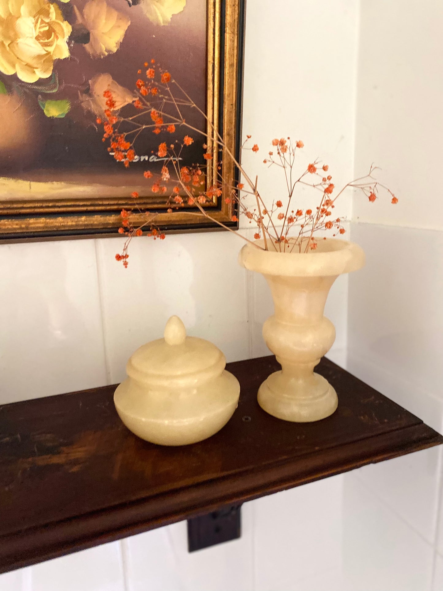 Ensemble de toilette Vintage en Albâtre véritable – 4 pièces – Années 70