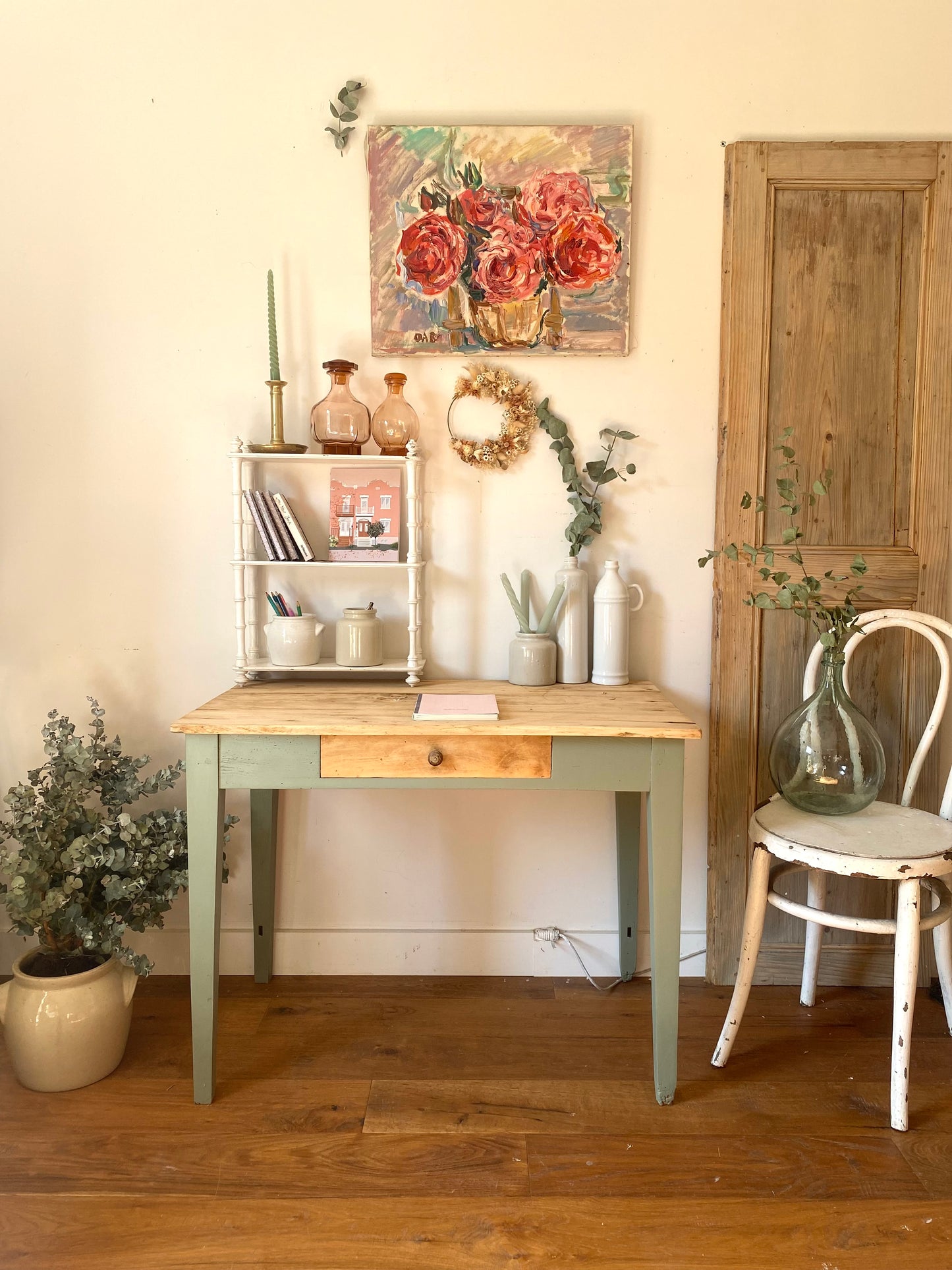 Bureau d’écolier en bois ancien rénové