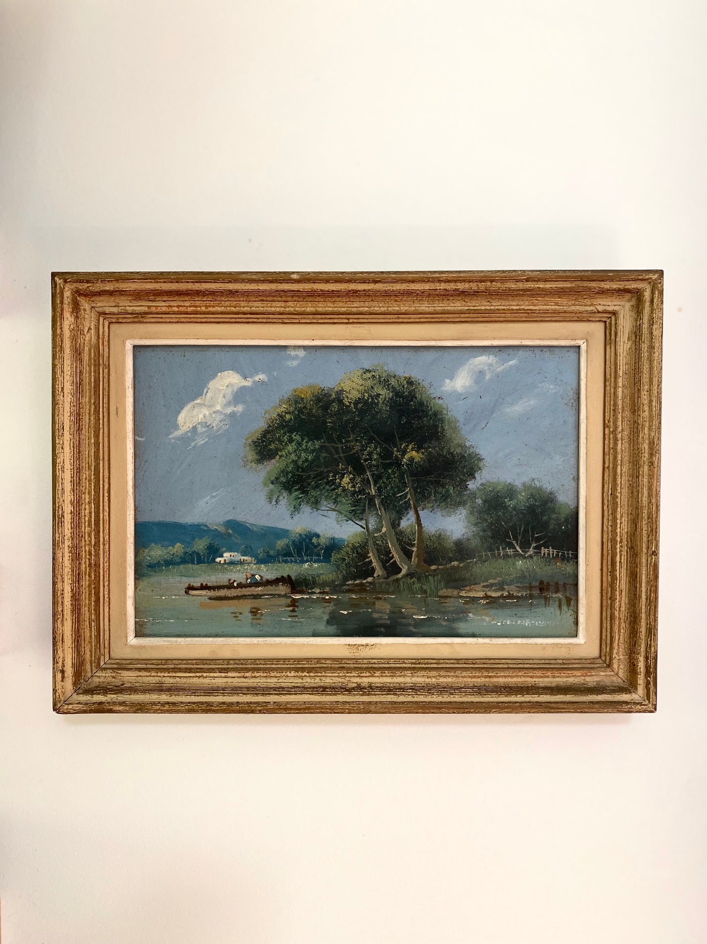 Tableau ancien : Paysage au bord de l'eau - Huile sur panneau