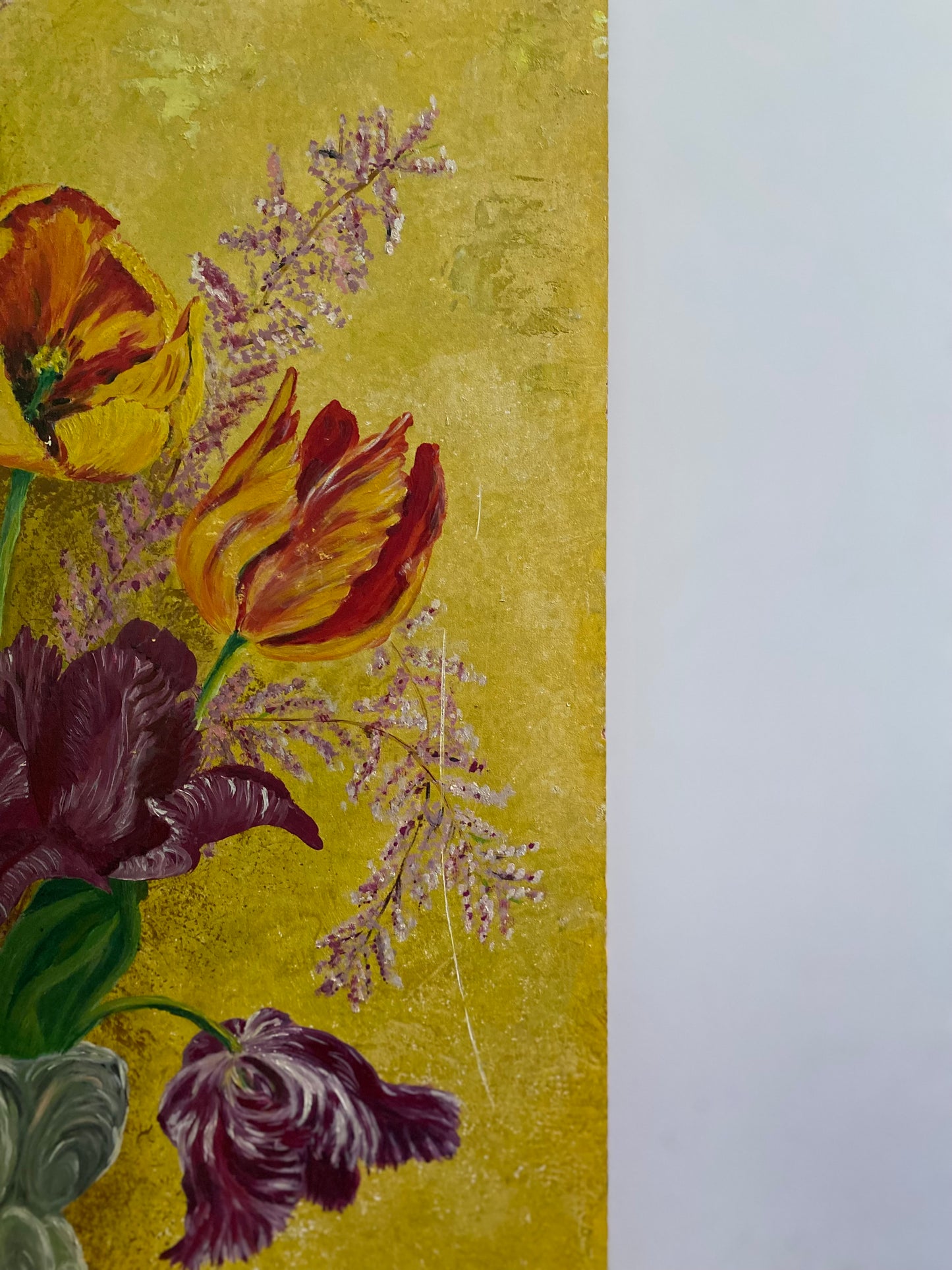 Bouquet de tulipes au fond doré — Huile sur panneau, 1977
