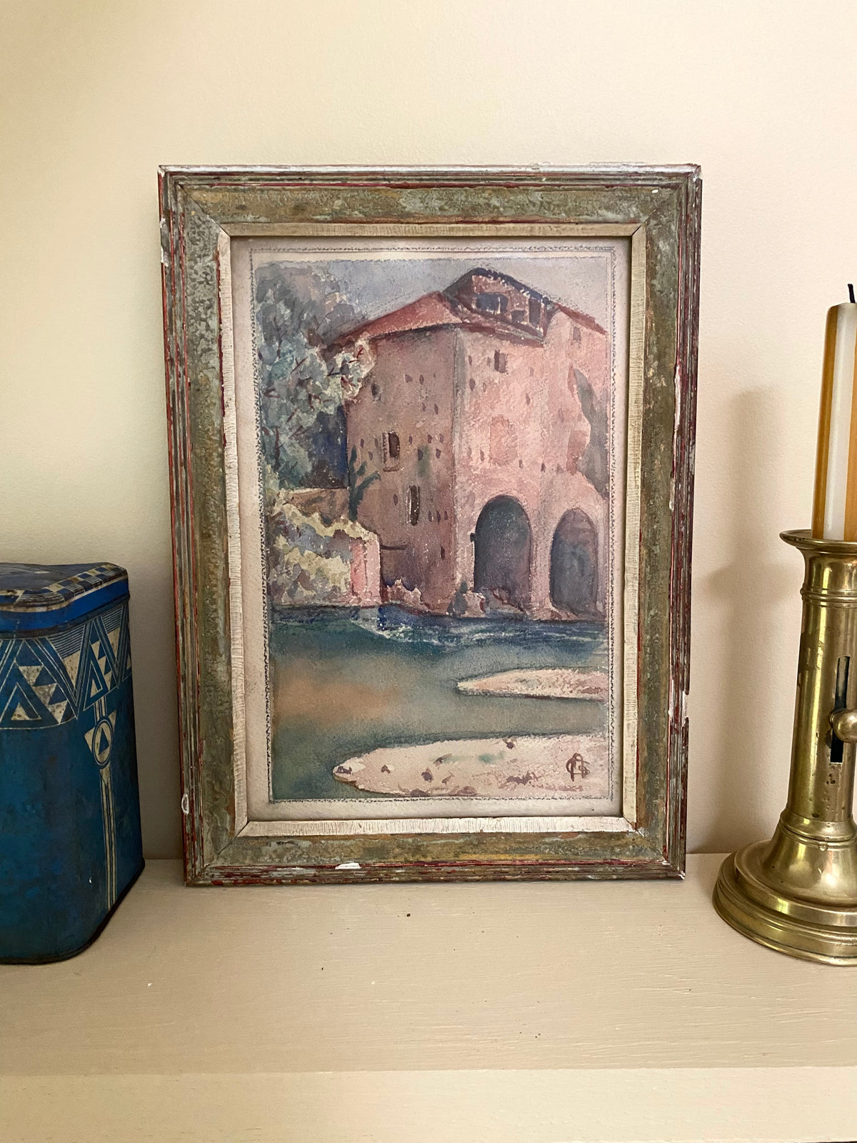 Aquarelle ancienne monogrammée, première moitié du XXe siècle