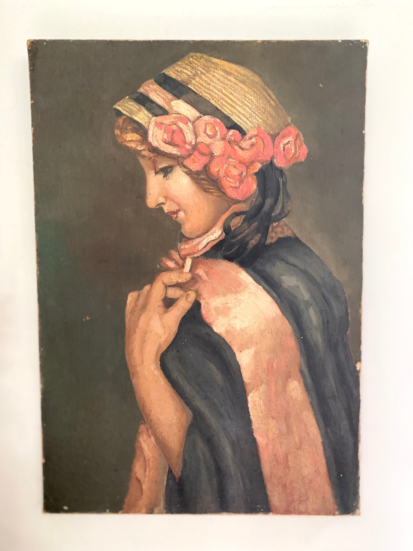 Portrait de jeune femme à la rose – Huile sur toile XIXe/XXe