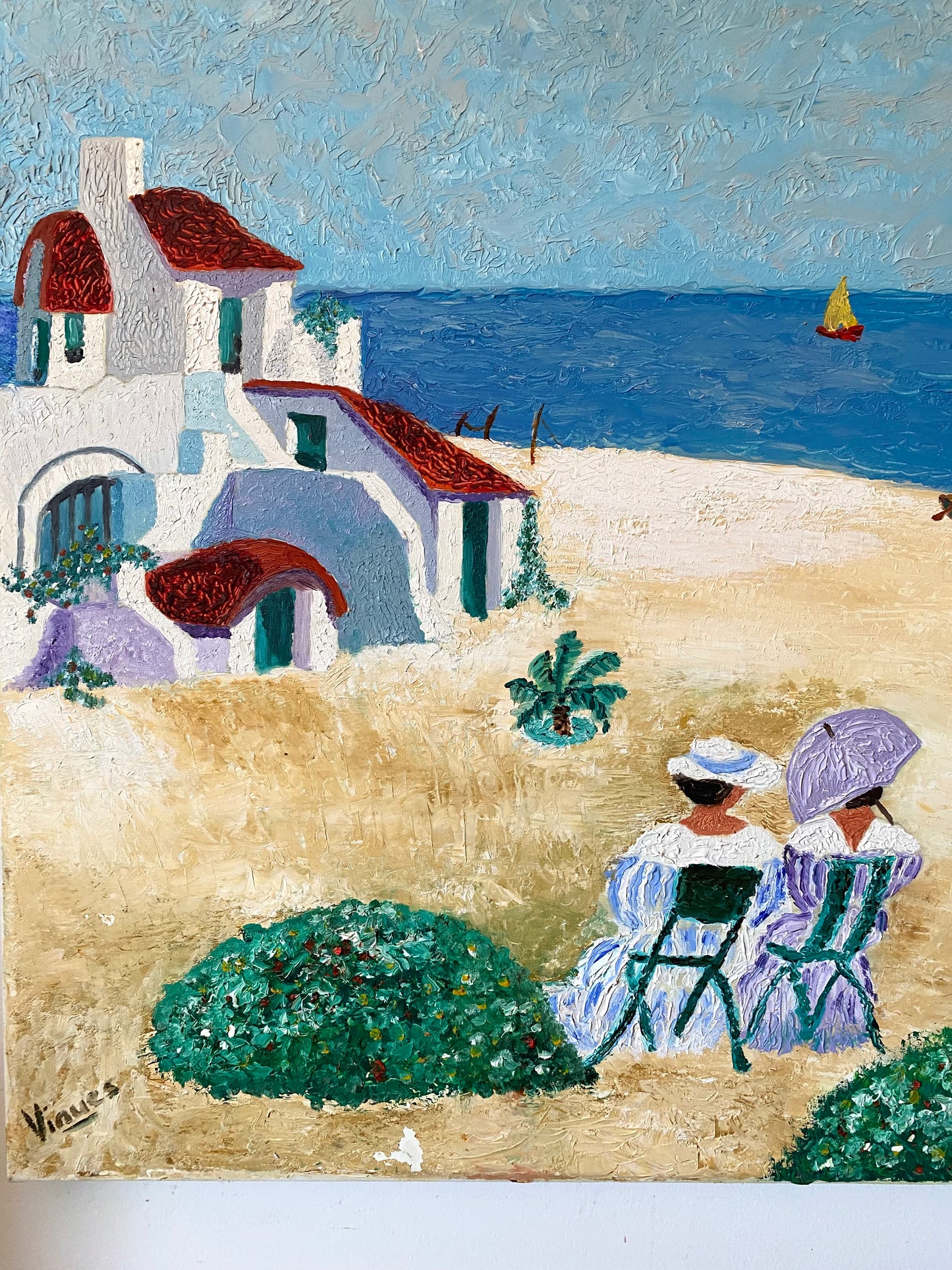 Tableau huile au couteau — Scène de bord de mer méditerranéen