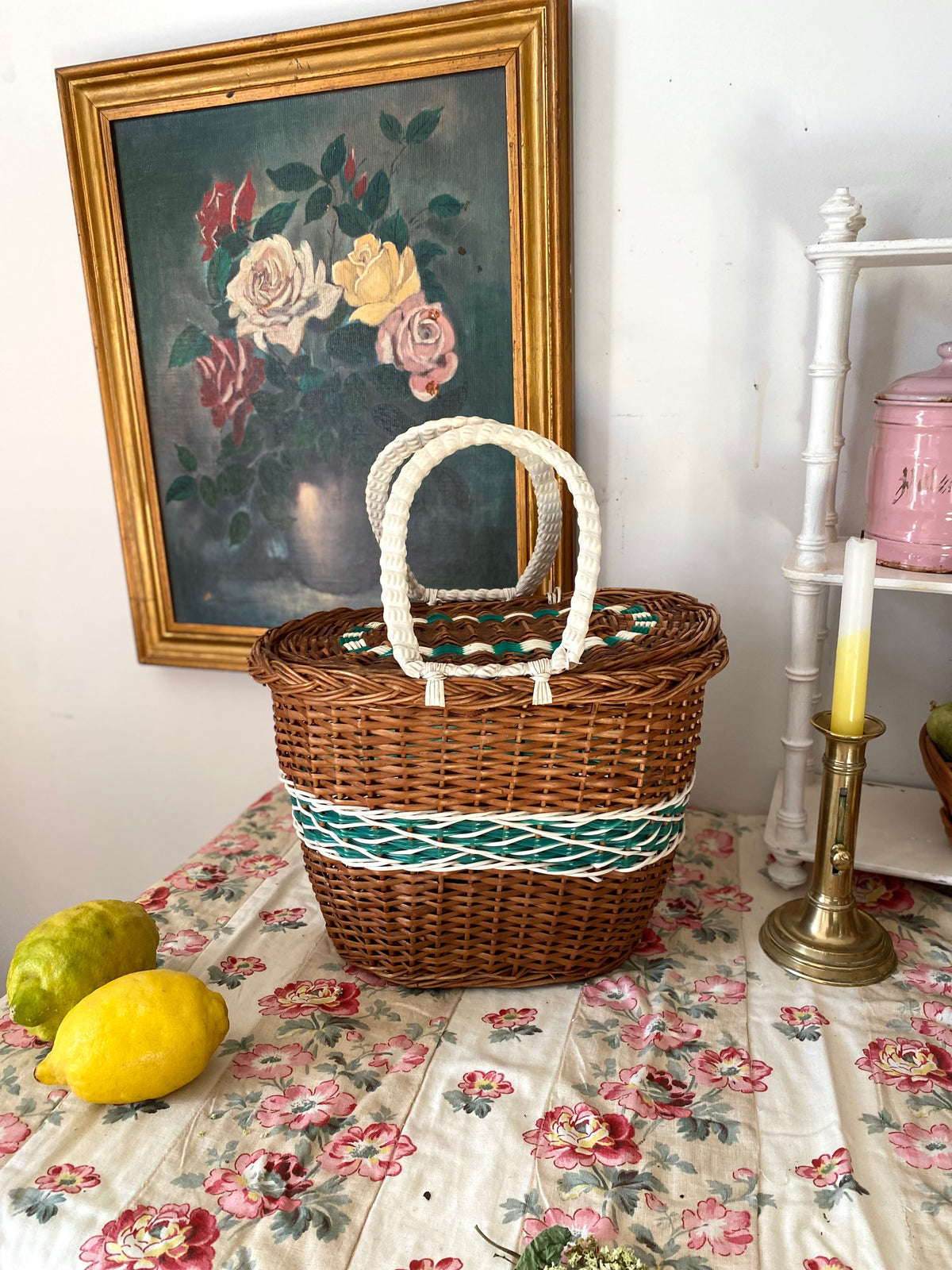 Panier Cabas Vintage en Osier et Scoubidou Vert & Blanc – Années 60