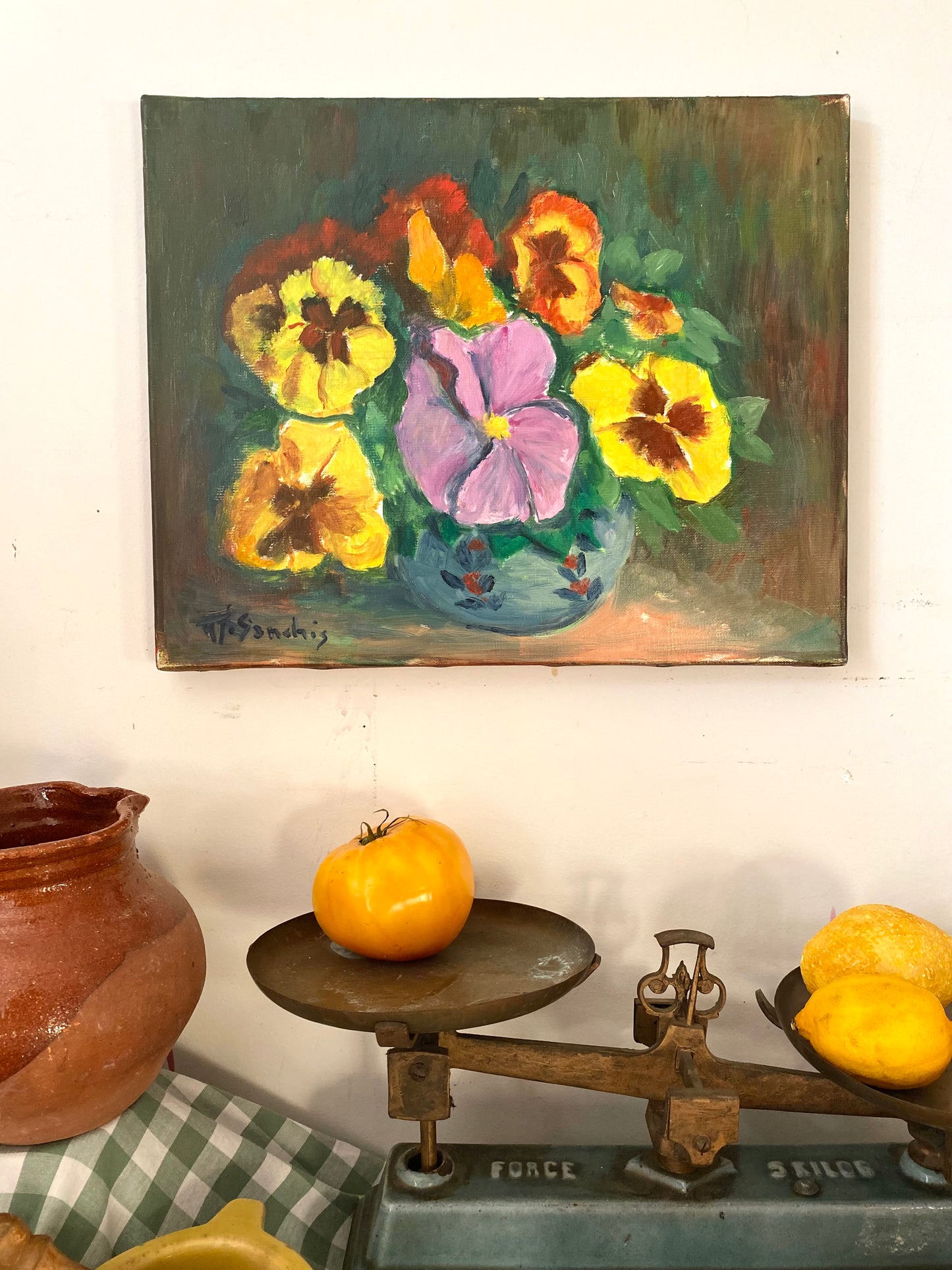 Huile sur toile vintage— Bouquet de pensées