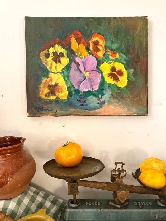 Huile sur toile vintage— Bouquet de pensées