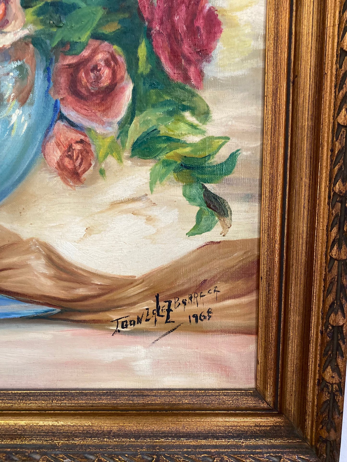 Grande Huile sur Toile "Bouquet de Roses" - Datée 1968 - Cadre Doré