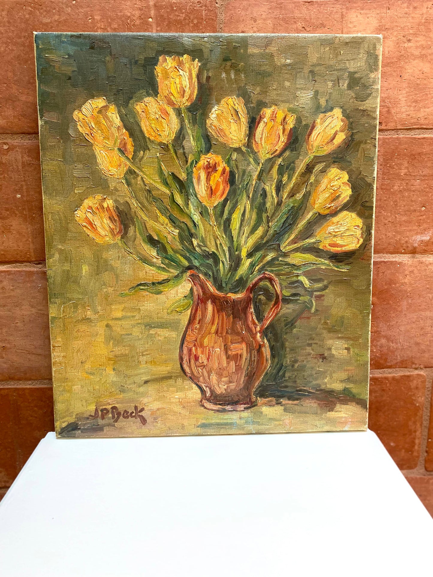 Huile sur toile vintage bouquet de tulipe