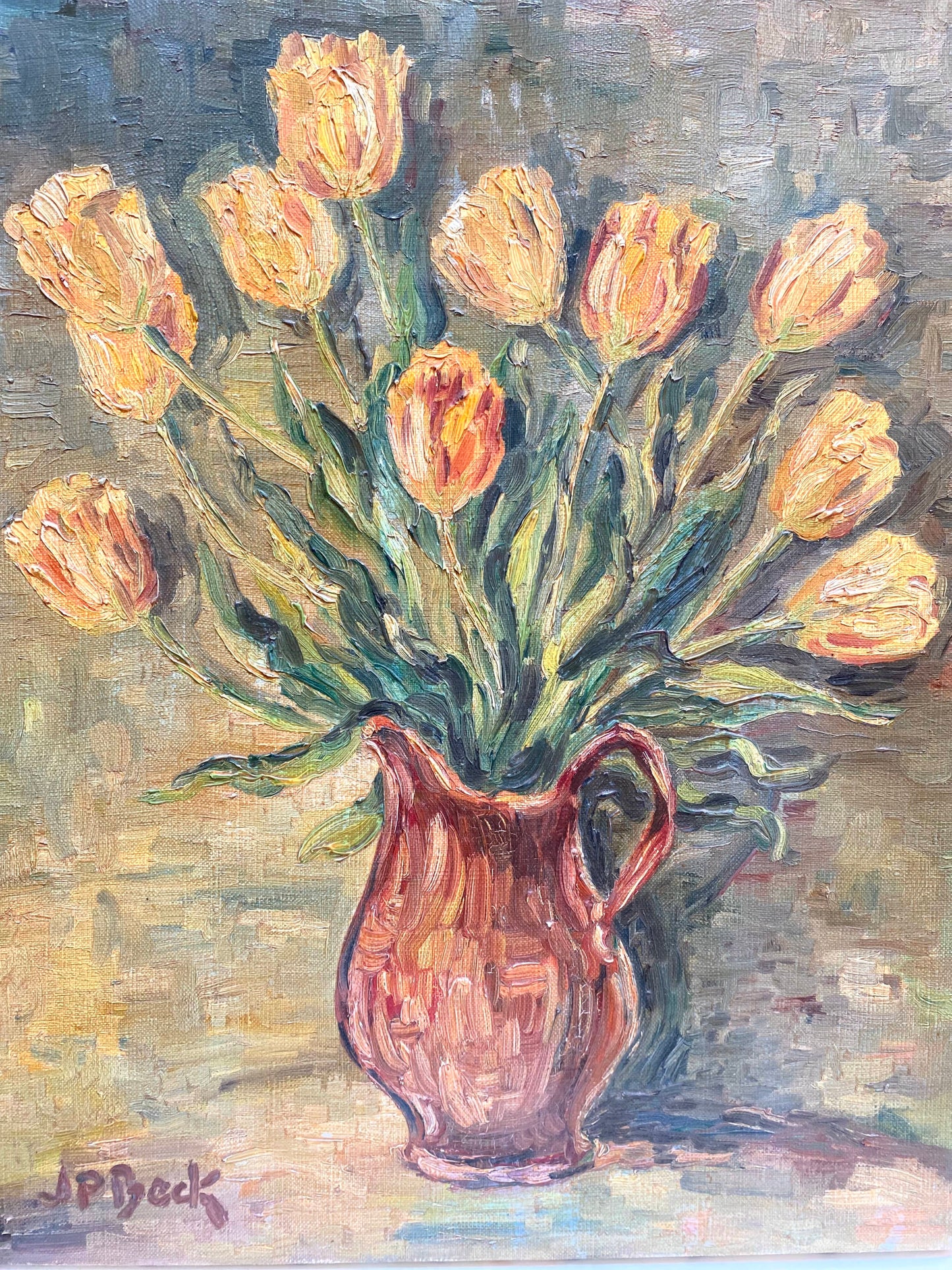 Huile sur toile vintage bouquet de tulipe