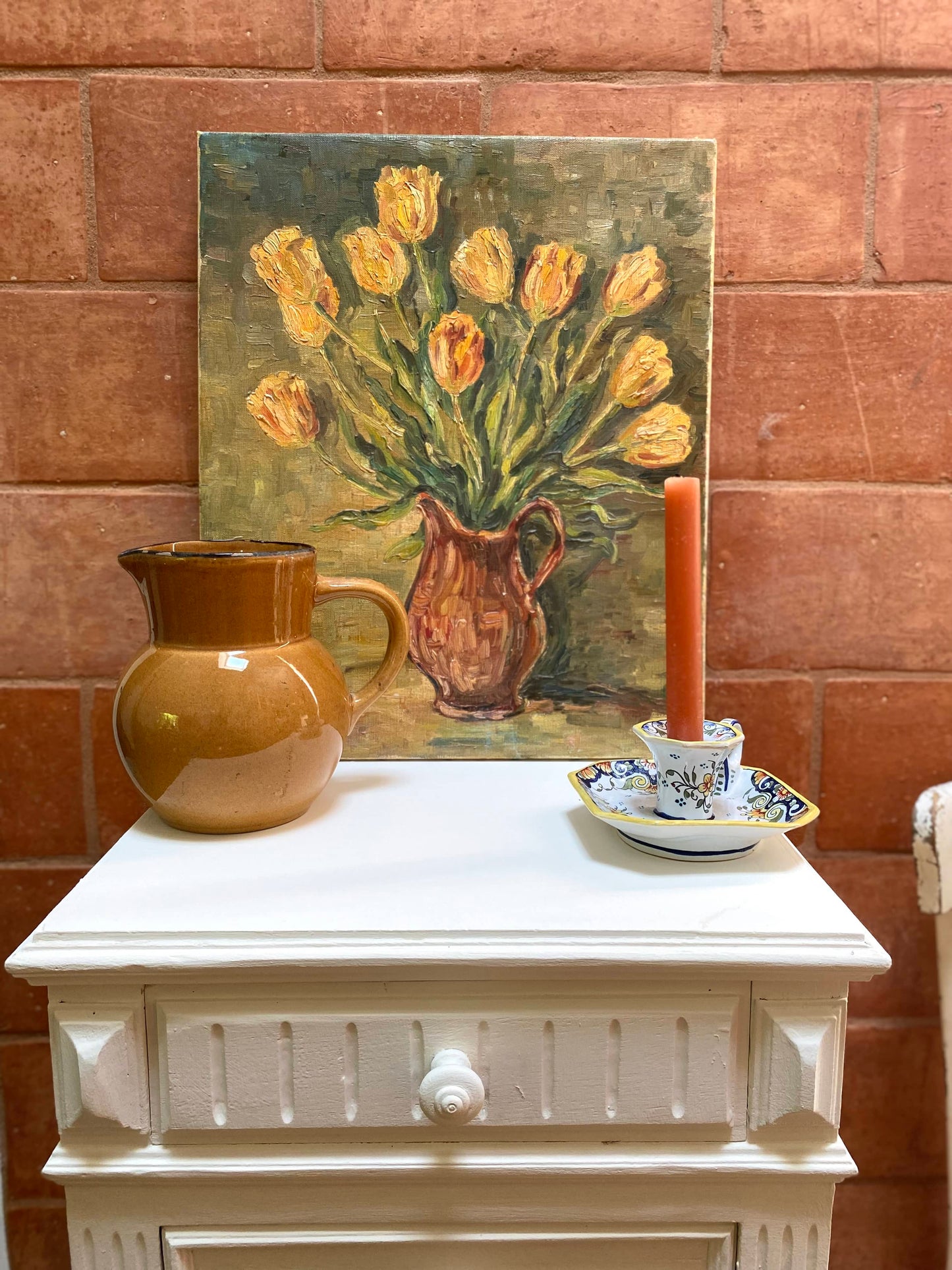 Huile sur toile vintage bouquet de tulipe