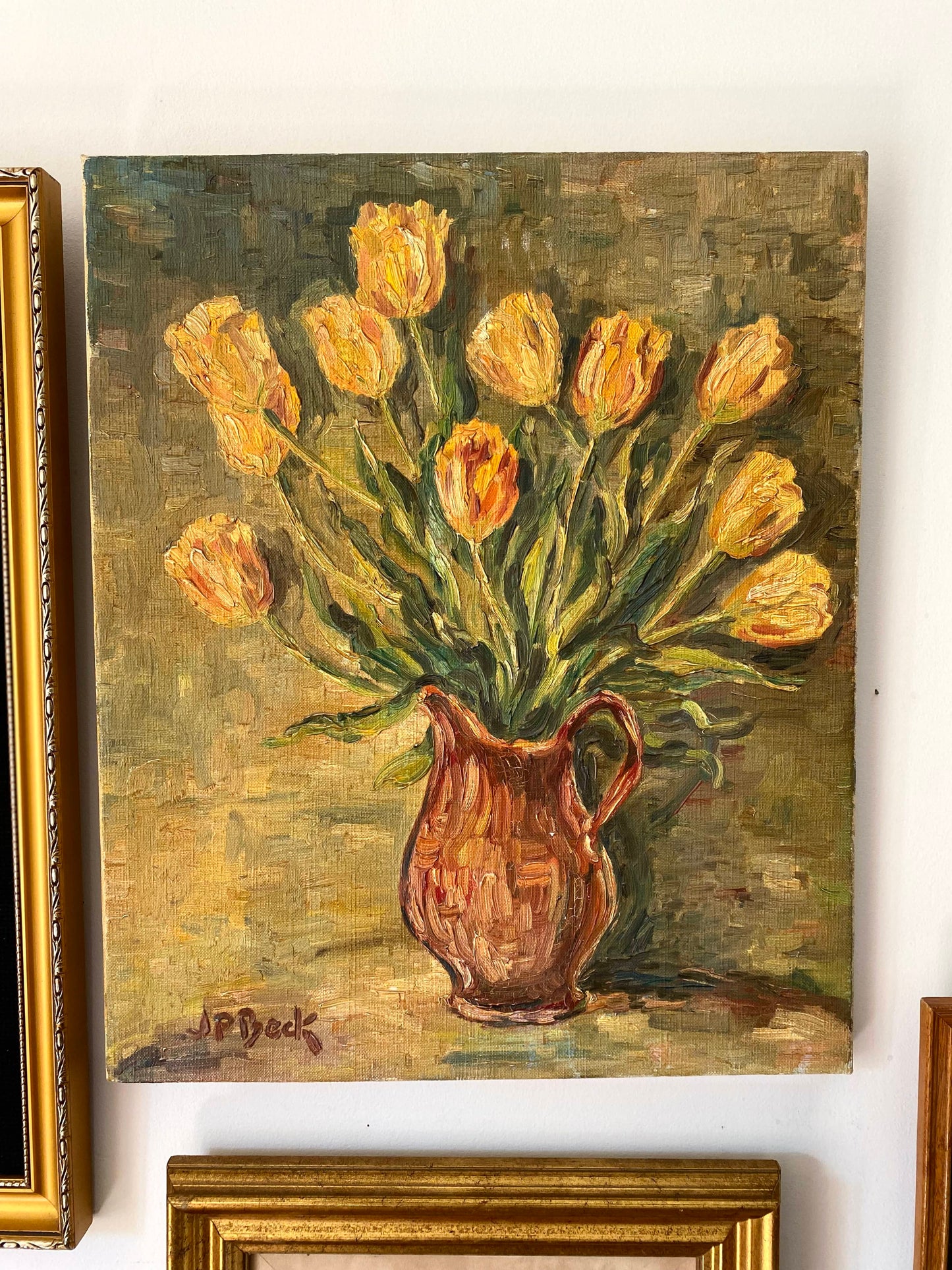 Huile sur toile vintage bouquet de tulipe