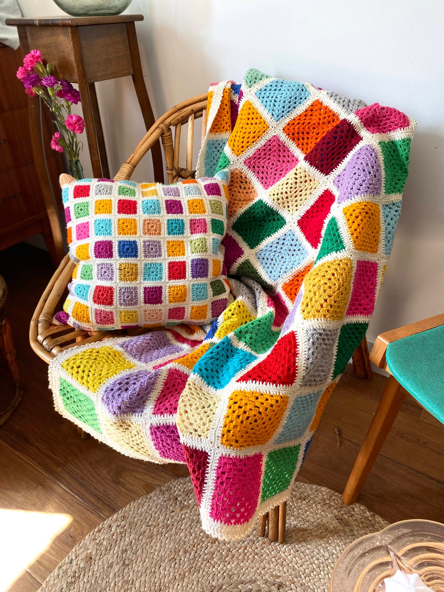 Plaid en crochet en laine vintage Granny square